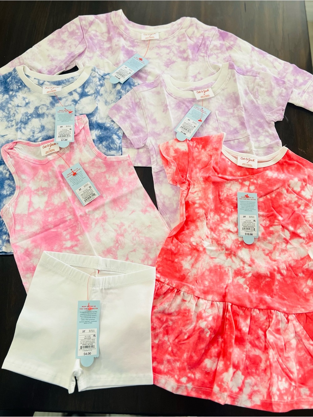 Cat & Jack Girls Tie-Dye Tops, Tank & Dress Set - Pink, Red, Blue, Purple, White